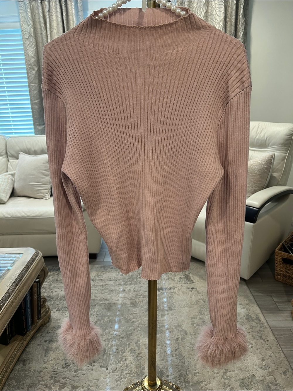 Sweet Rain Blush Pink Ribbed Sweater with Faux Fur Cuffs